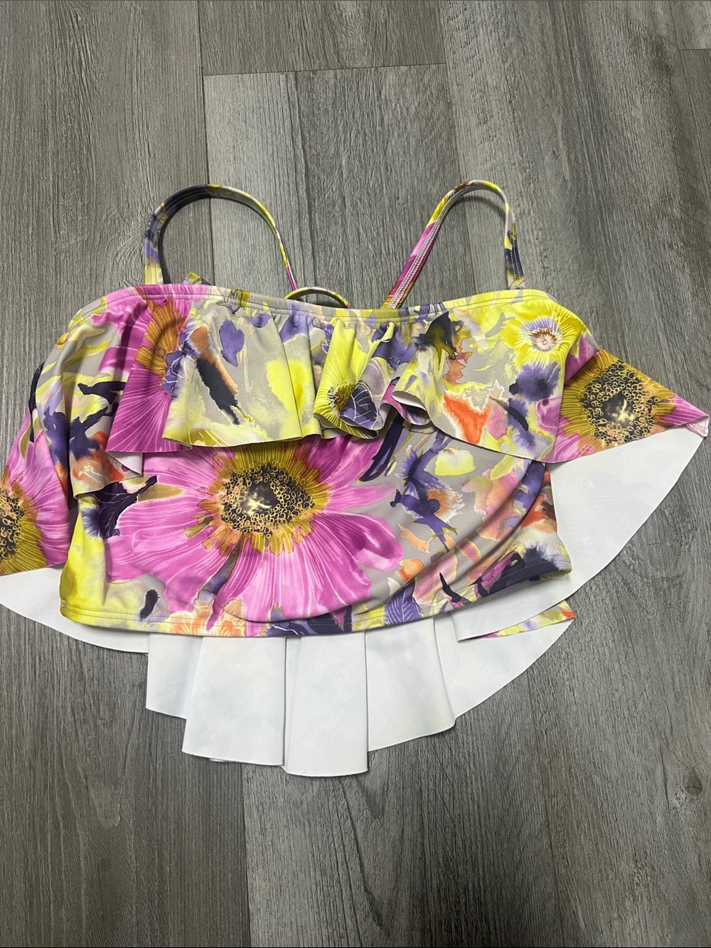 Floral Ruffle Swim Bikini Top - Pink & Yellow